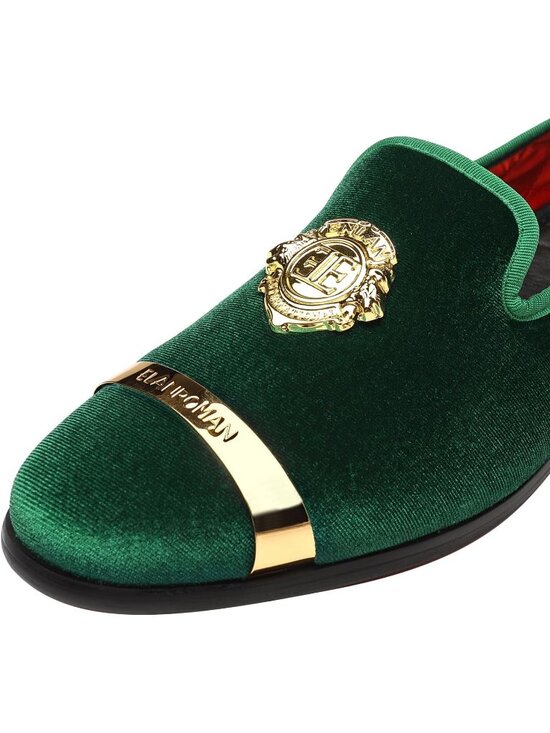 ELANROMAN Men\'s Olive Velvet Loafers Dress Gold Buckle Wedding Party Prom Shoes main image 5